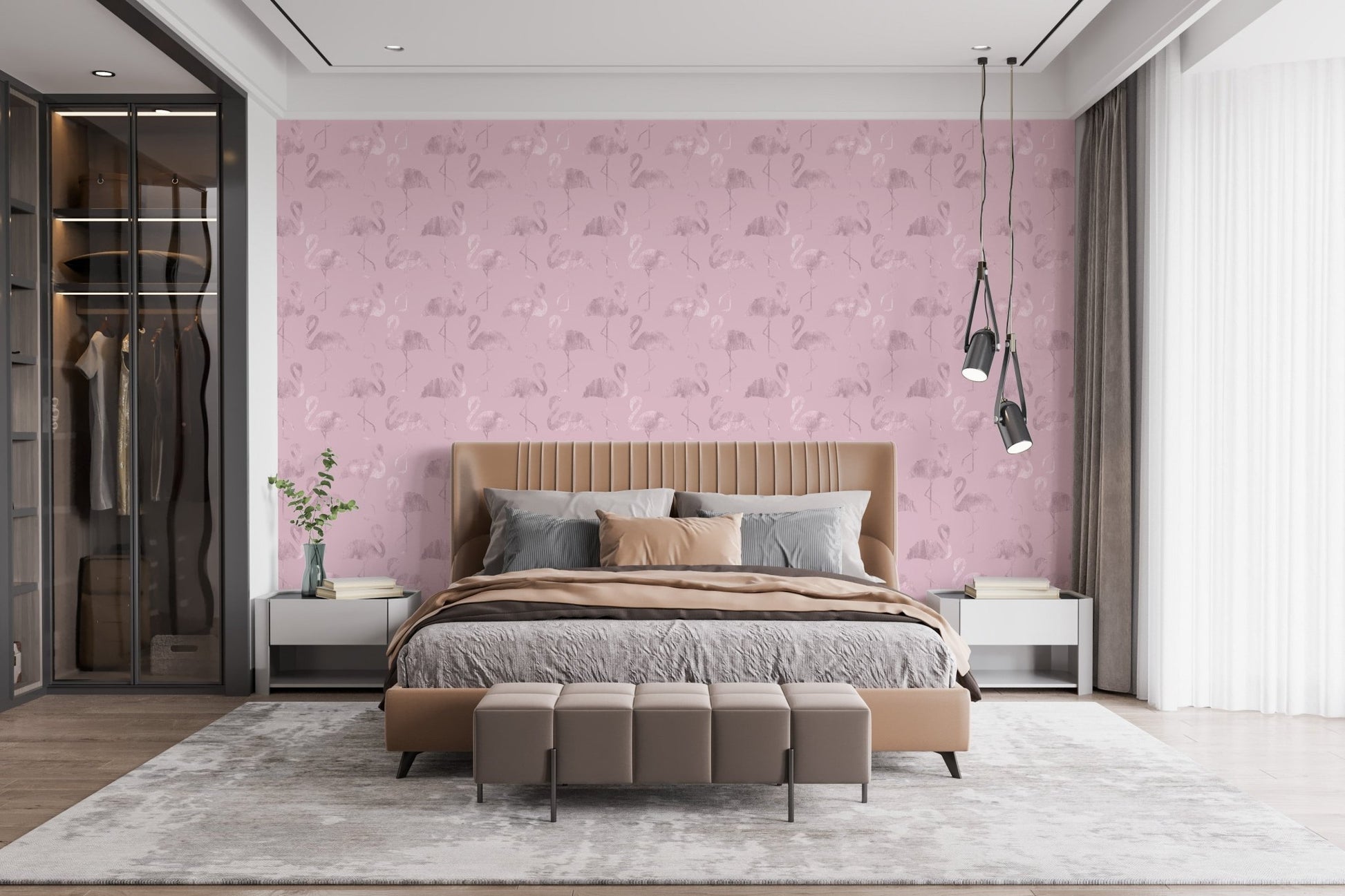 Elegant bedroom interior design showcasing pink flamingo themed wall mural.