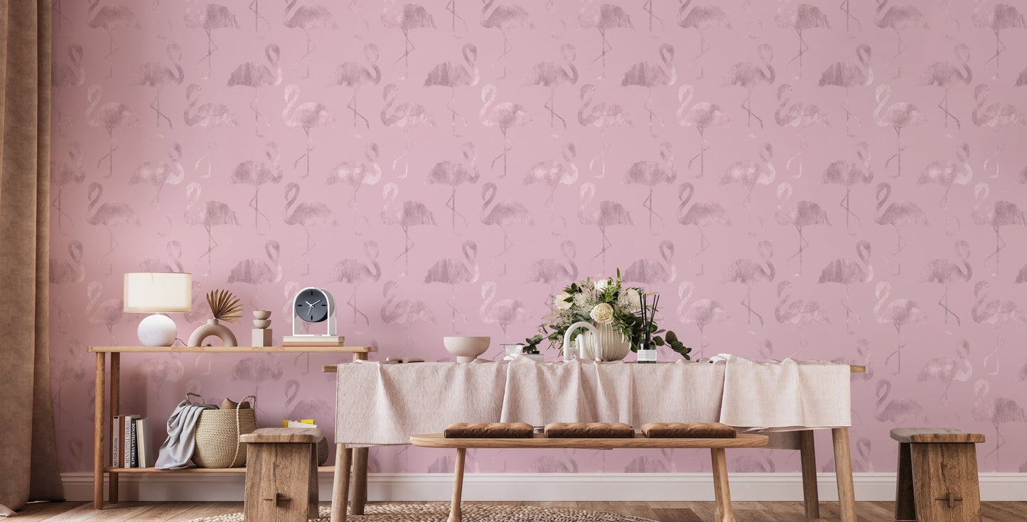 Minimalist dining set placed against a pink flamingo pattern wallpaper.