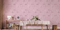 Minimalist dining set placed against a pink flamingo pattern wallpaper.