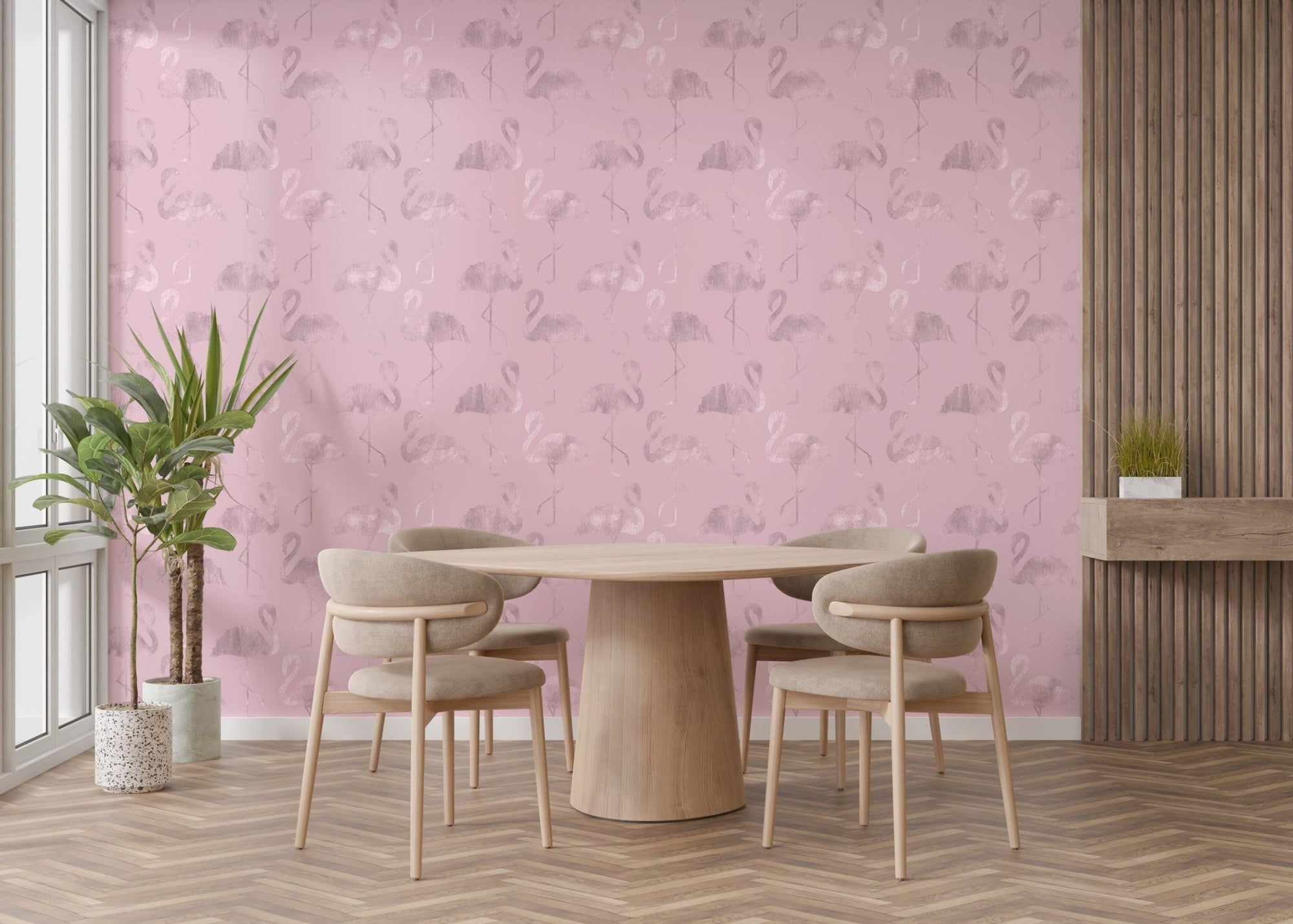 Dining room featuring Glossy Pink Flamingo Waves wallpaper on an accent wall.