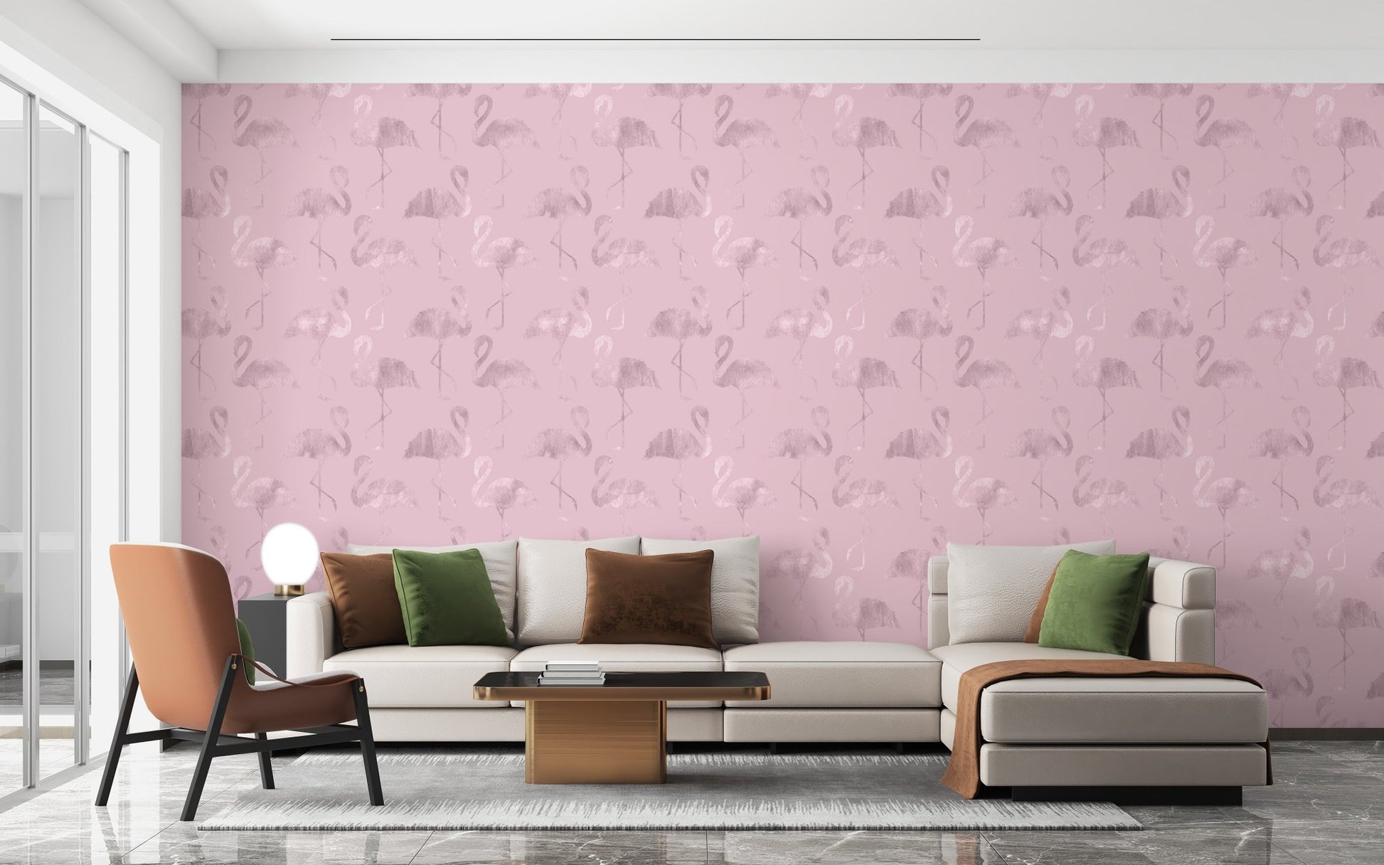 Minimalist living room featuring a flamingo pattern wallpaper wall.