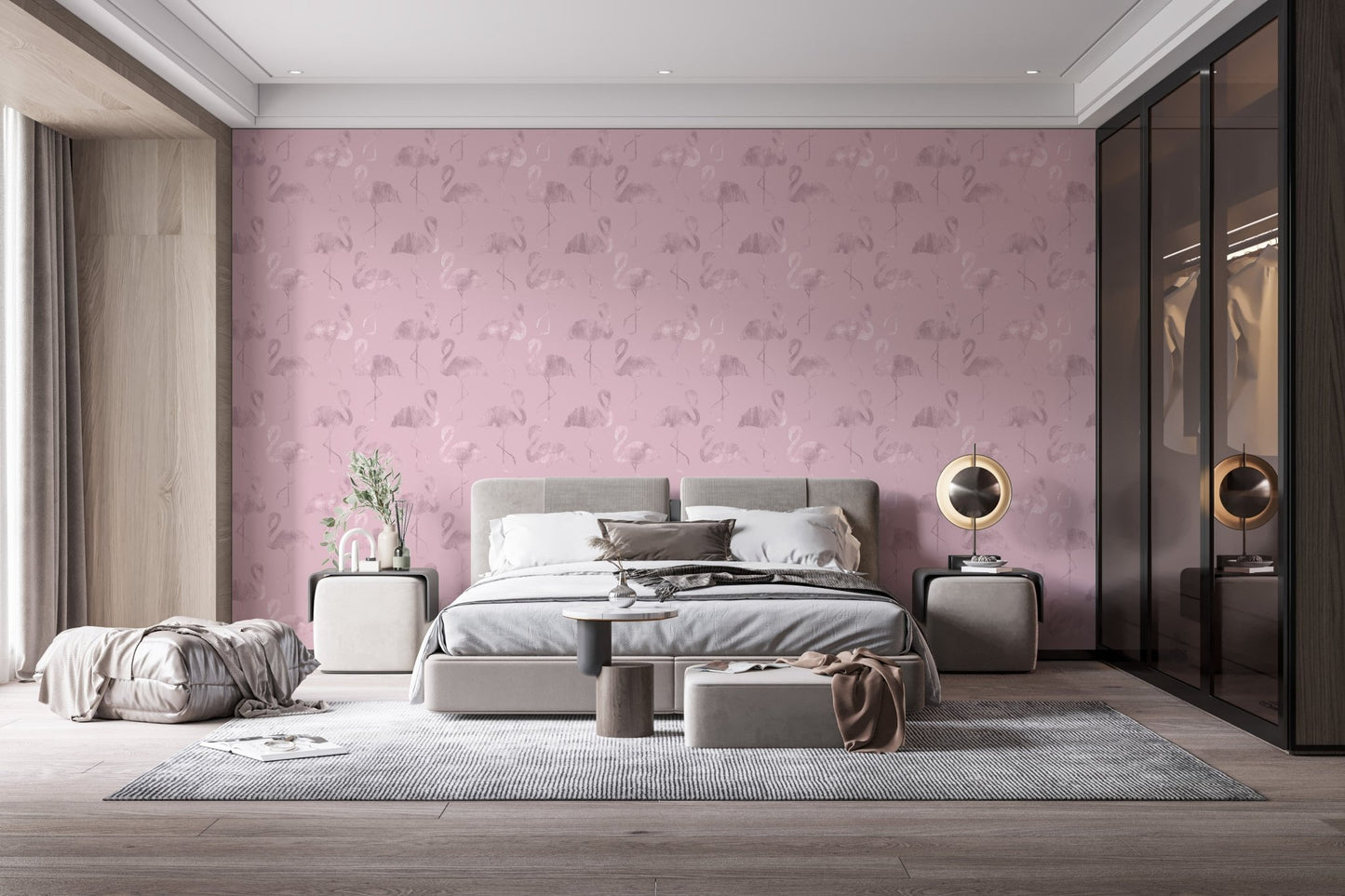 Bedroom wall adorned with Pink Flamingo Waves wallpaper design.