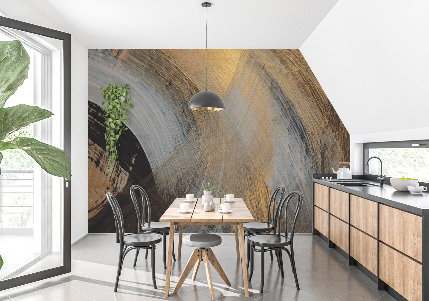 Textured gold arc wall mural with dark layered strokes for dining area.