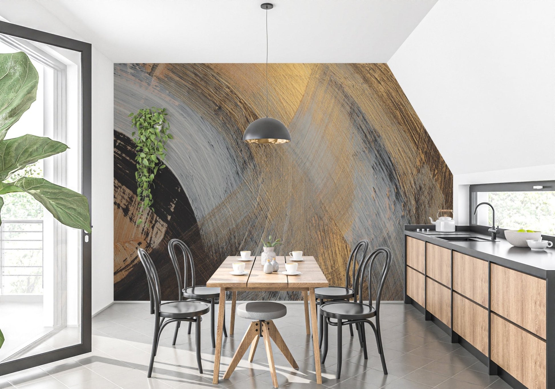 Textured gold arc wall mural with dark layered strokes for dining area.