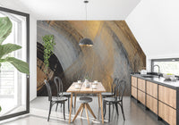 Textured gold arc wall mural with dark layered strokes for dining area.
