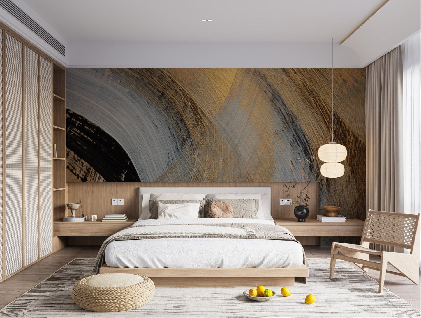 Gold and charcoal abstract wall mural with textured finish for bedroom interior.