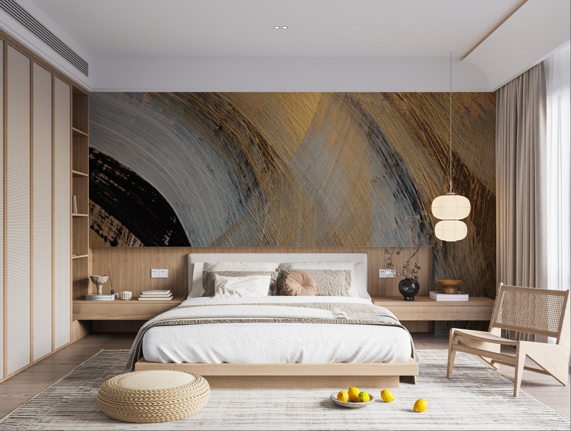 Gold and charcoal abstract wall mural with textured finish for bedroom interior.