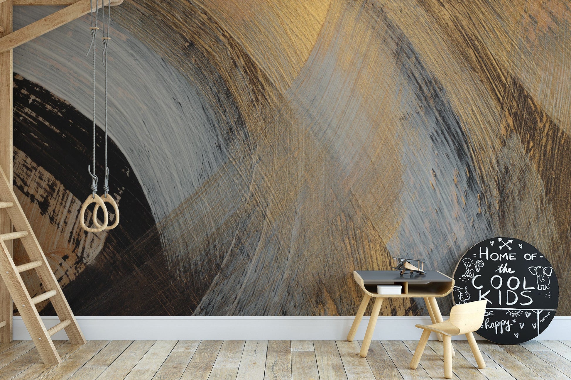 Bold gold and black abstract wall mural with fluid movement.