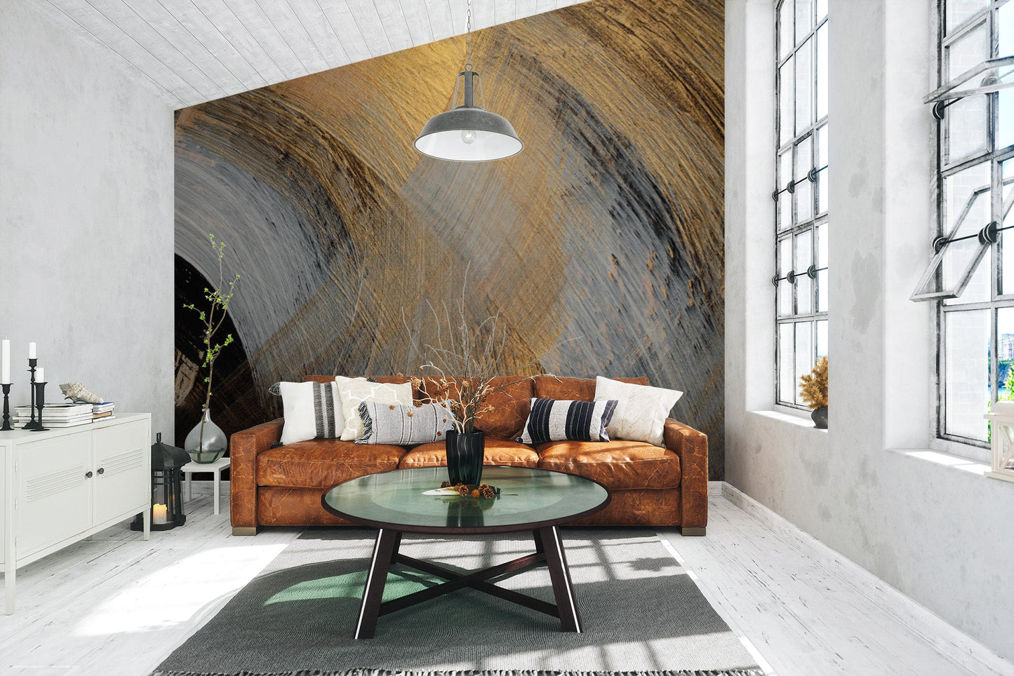 Contemporary metallic swirl wall mural in gray tones for living area backdrop.