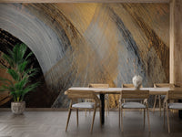 Abstract metallic gold wall mural with sweeping black strokes for dining rooms.