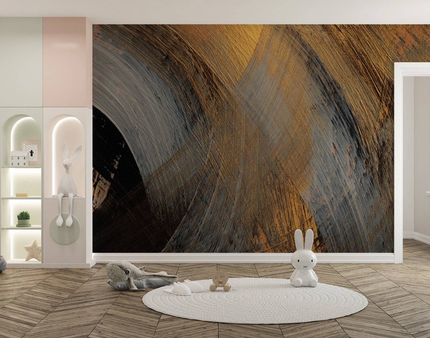 Modern gold swirl wall mural wallpaper in black and gray tones for nursery backdrop.