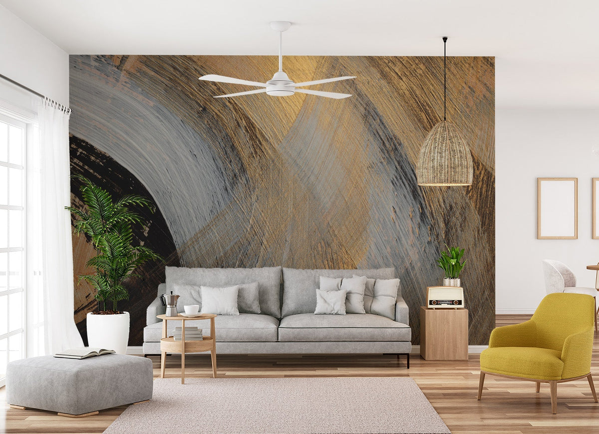 Gold and black swirl mural wallpaper with abstract brush texture for living room interior.