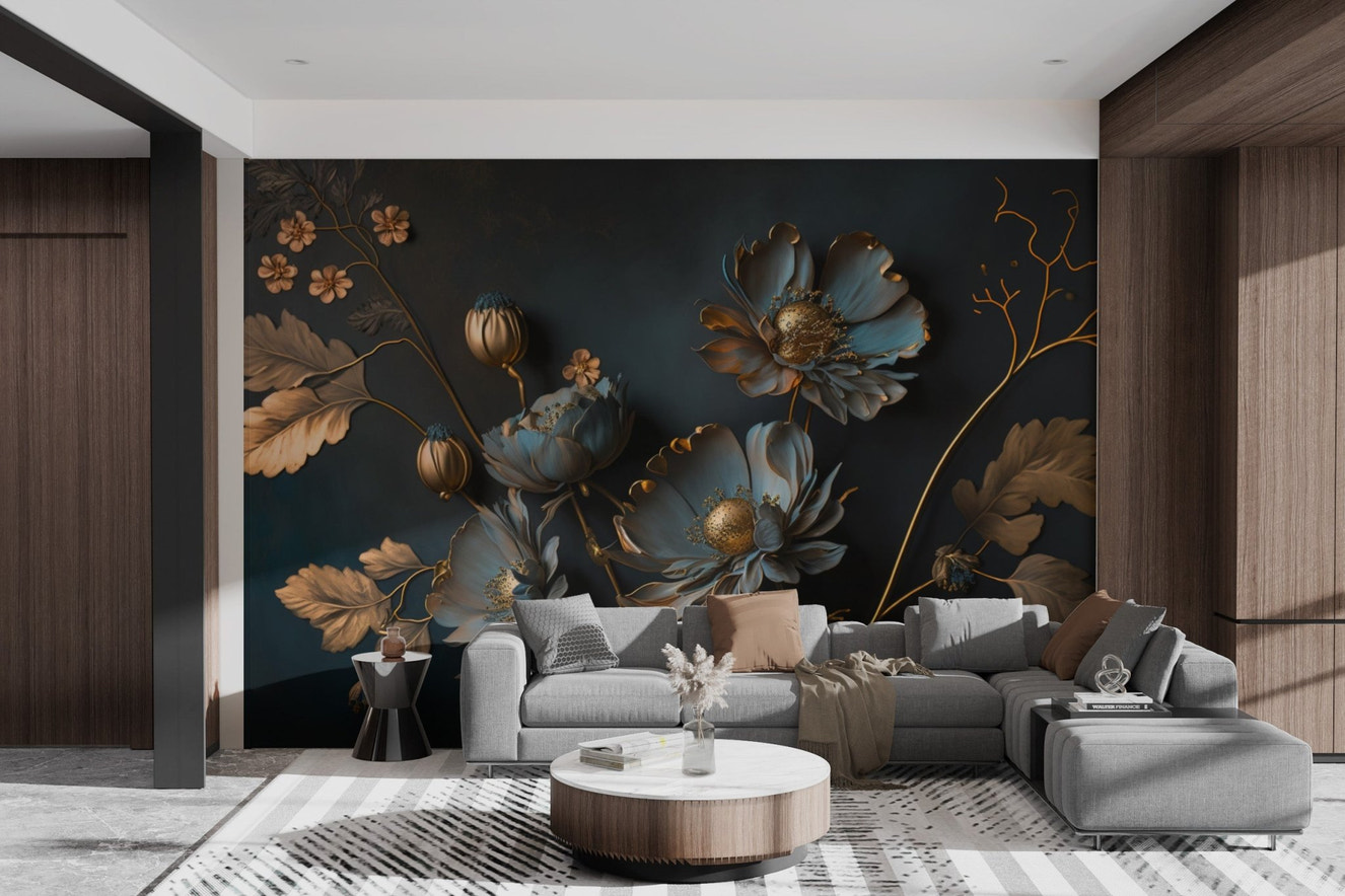 Gold and Blue Floral Wallpaper - Wallanza