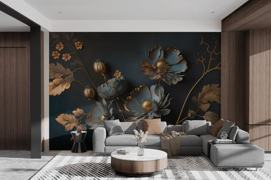 Gold and blue floral wallpaper featuring metallic botanical designs on dark backdrop.