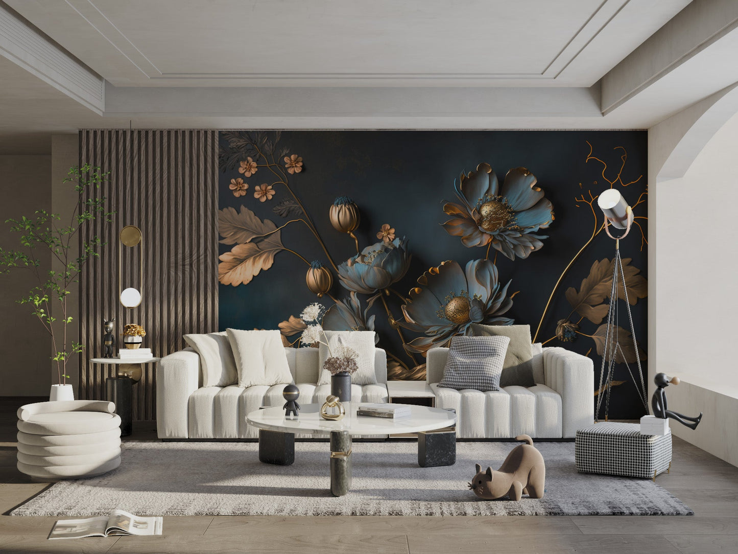 Gold and Blue Floral Wallpaper - Wallanza