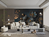 Gold and Blue Floral Wallpaper - Wallanza