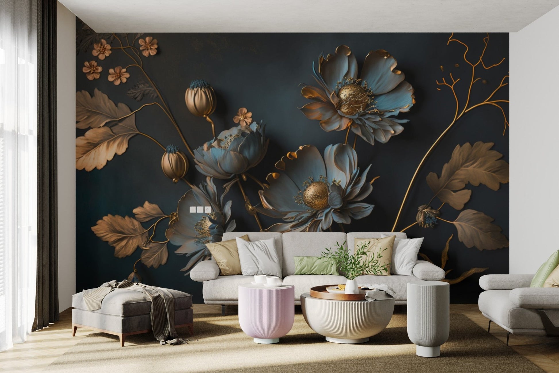Gold and Blue Floral Wallpaper - Wallanza