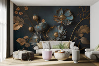 Gold and Blue Floral Wallpaper - Wallanza