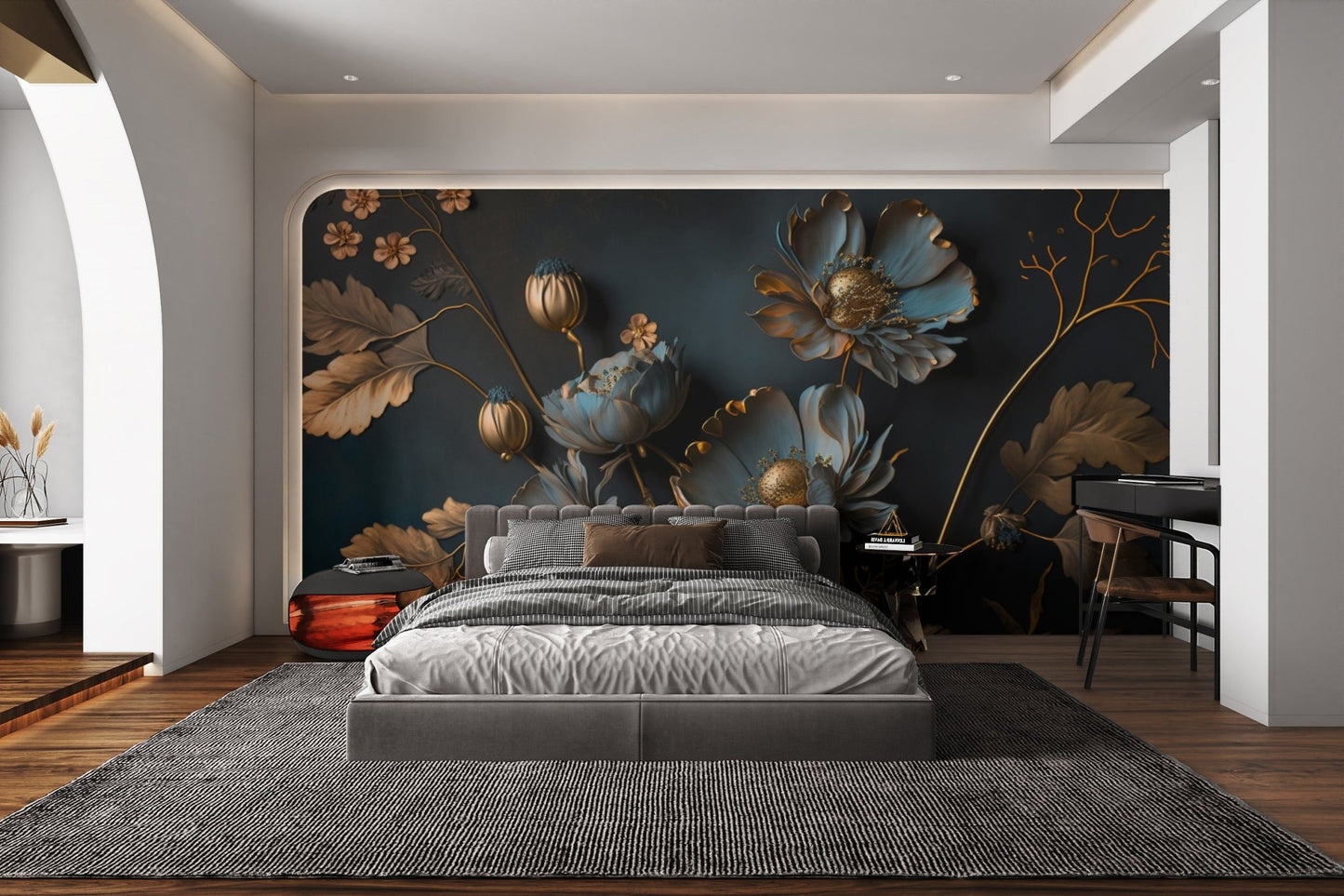 Gold and Blue Floral Wallpaper - Wallanza