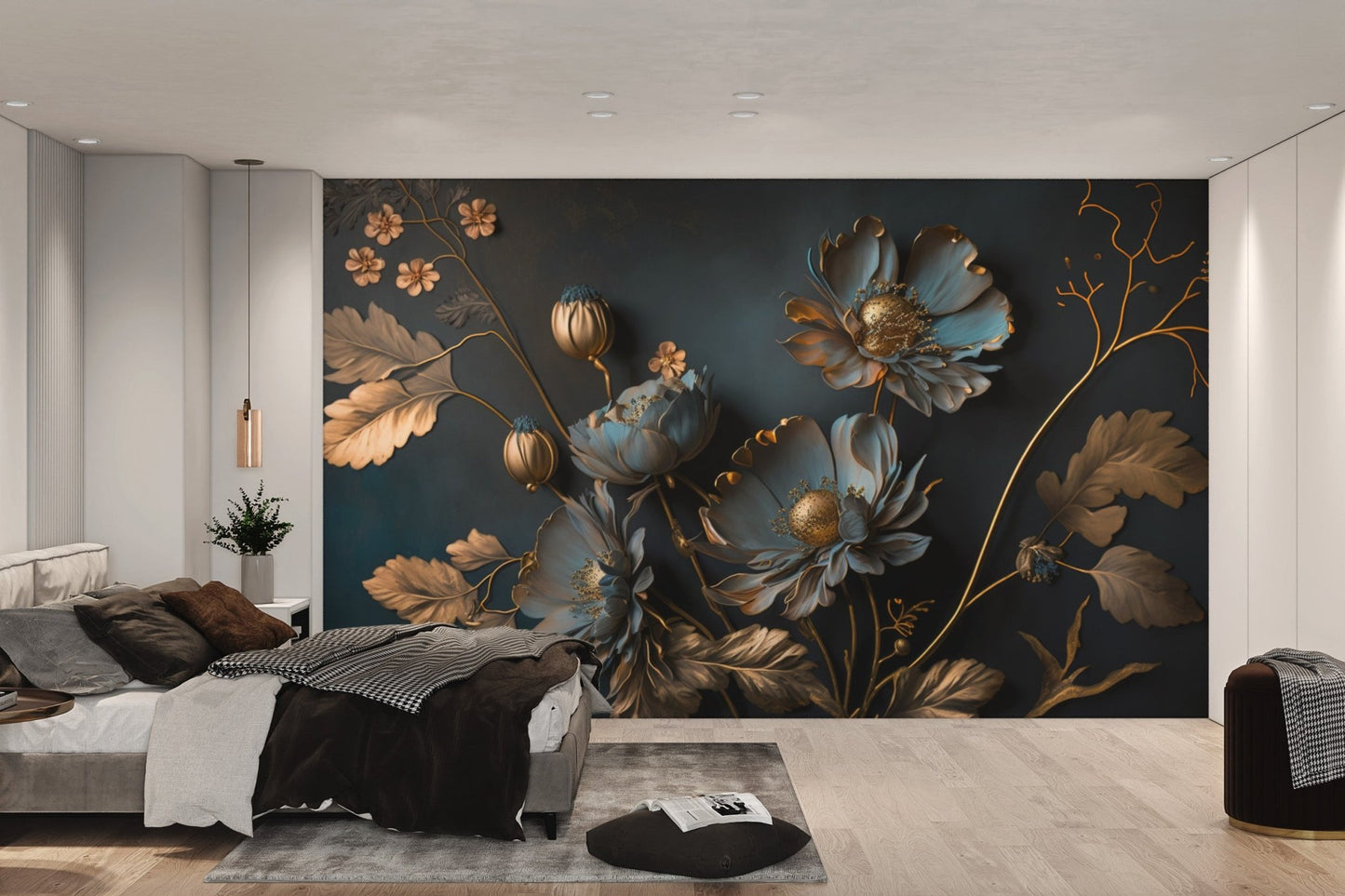 Gold and Blue Floral Wallpaper - Wallanza