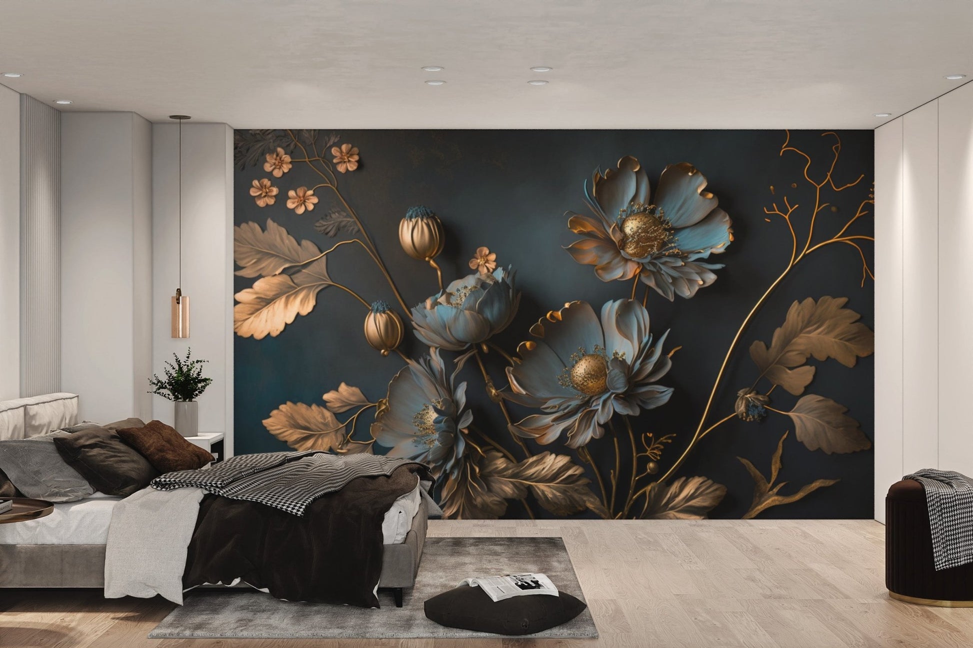 Gold and Blue Floral Wallpaper - Wallanza