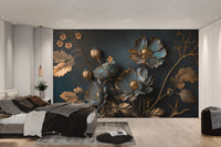 Gold and Blue Floral Wallpaper - Wallanza