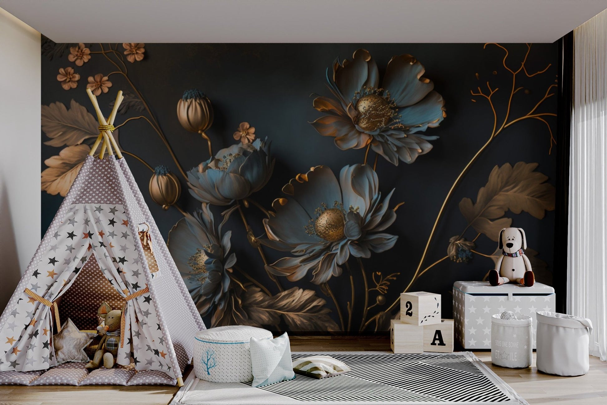 Gold and Blue Floral Wallpaper - Wallanza