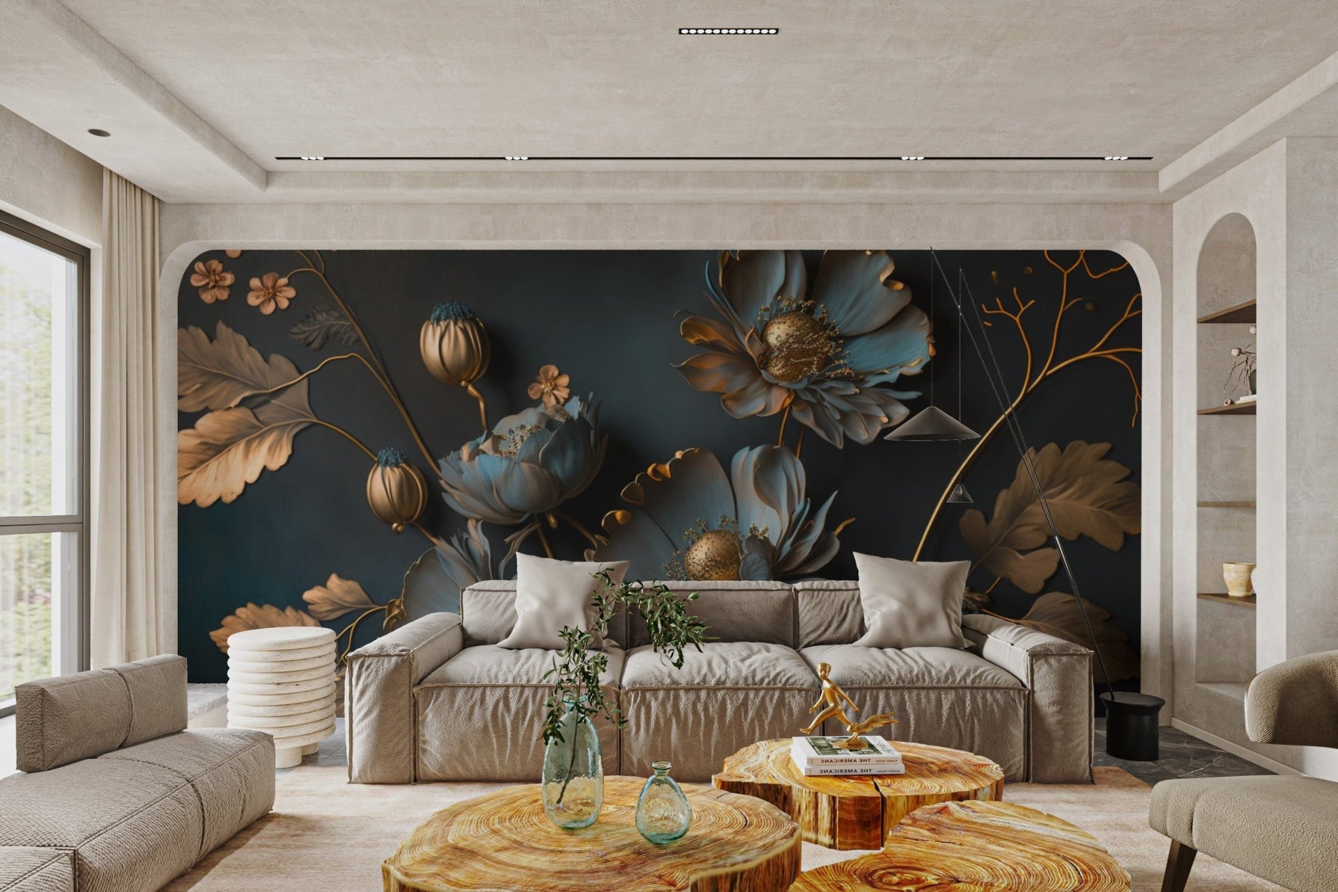 Gold and Blue Floral Wallpaper - Wallanza