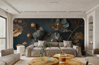 Gold and Blue Floral Wallpaper - Wallanza