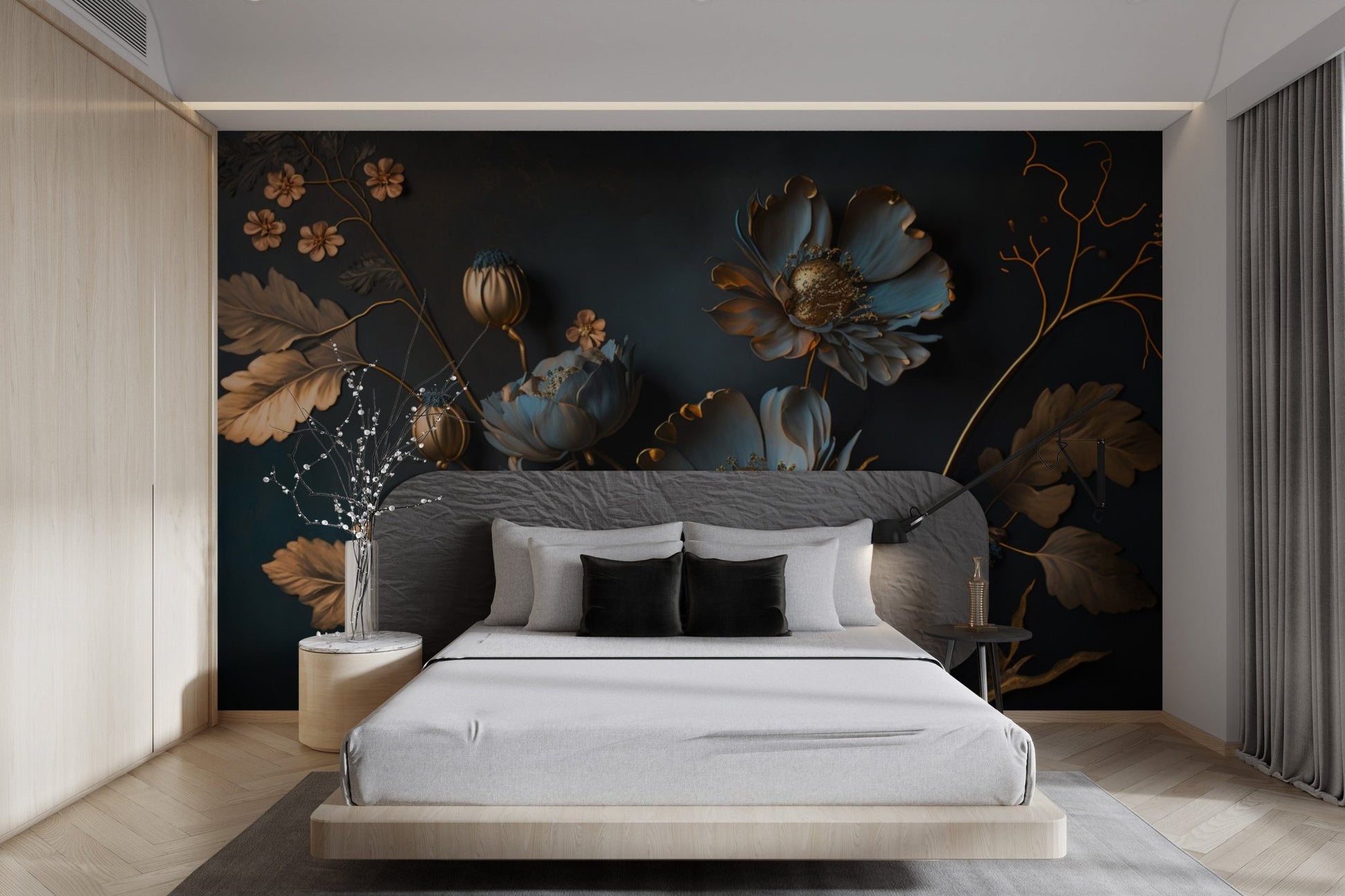 Gold and Blue Floral Wallpaper - Wallanza