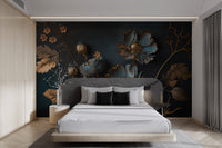 Gold and Blue Floral Wallpaper - Wallanza