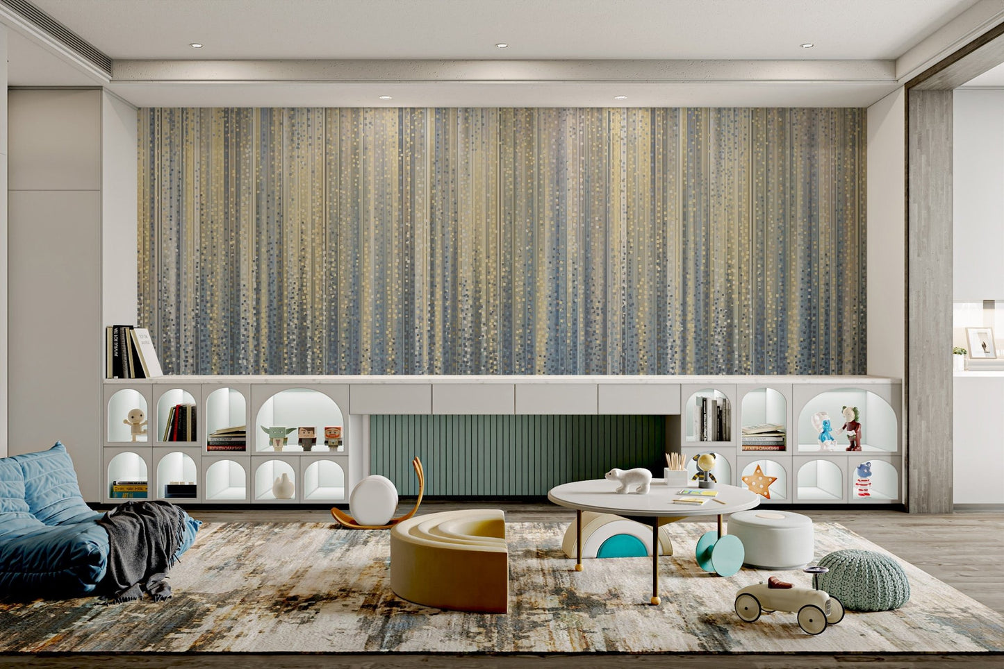 Textured vertical stripe wall mural in cream, gold, and slate blue colors.