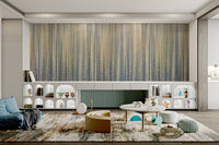 Textured vertical stripe wall mural in cream, gold, and slate blue colors.
