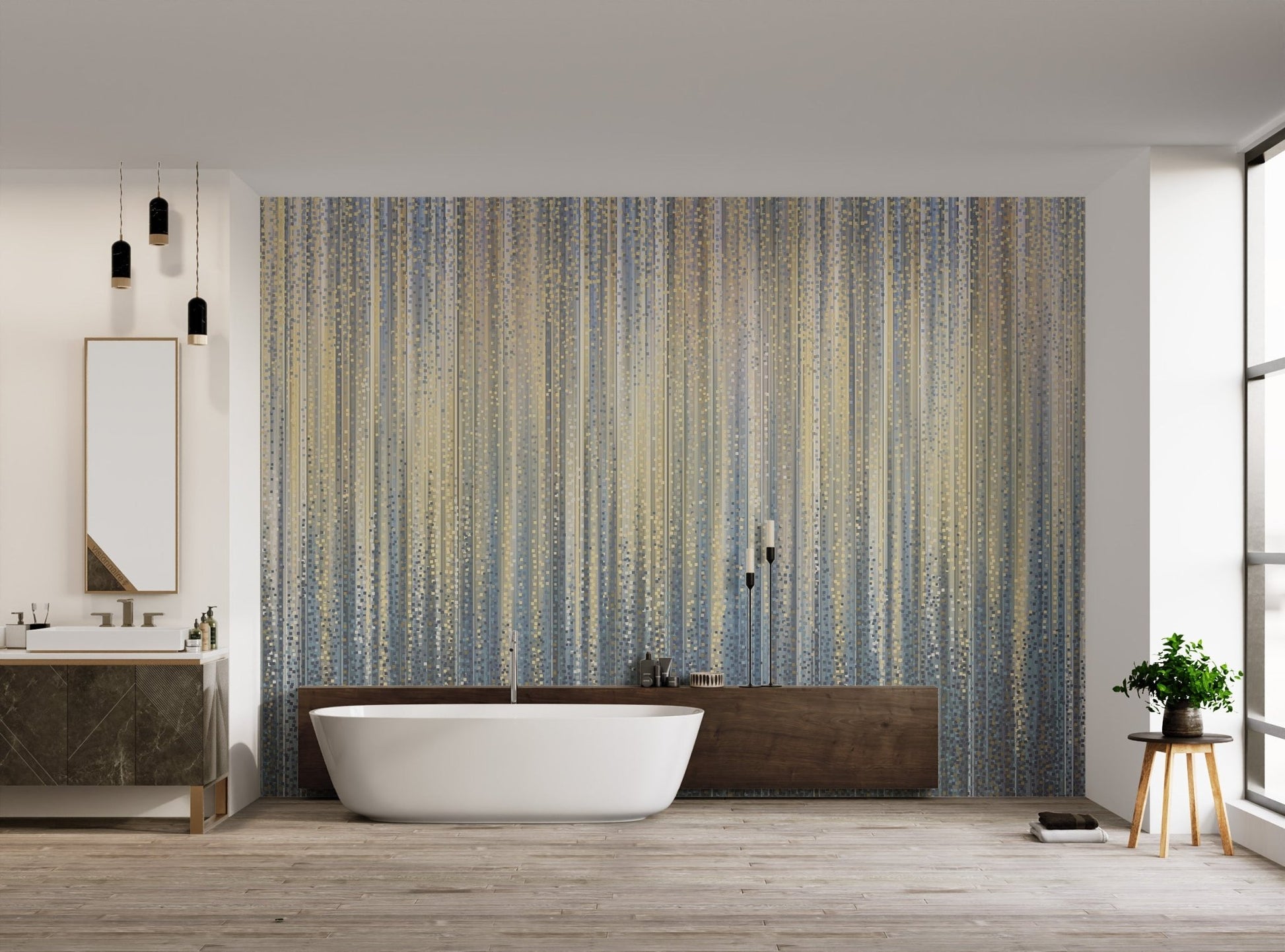 Modern striped wall mural featuring a blue and gold color palette in bathroom.