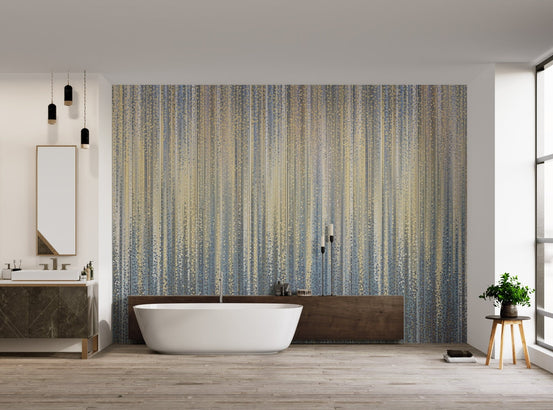 Modern striped wall mural featuring a blue and gold color palette in bathroom.