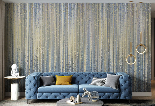 Vertical striped wall mural for hallways using gold and navy blue tones.
