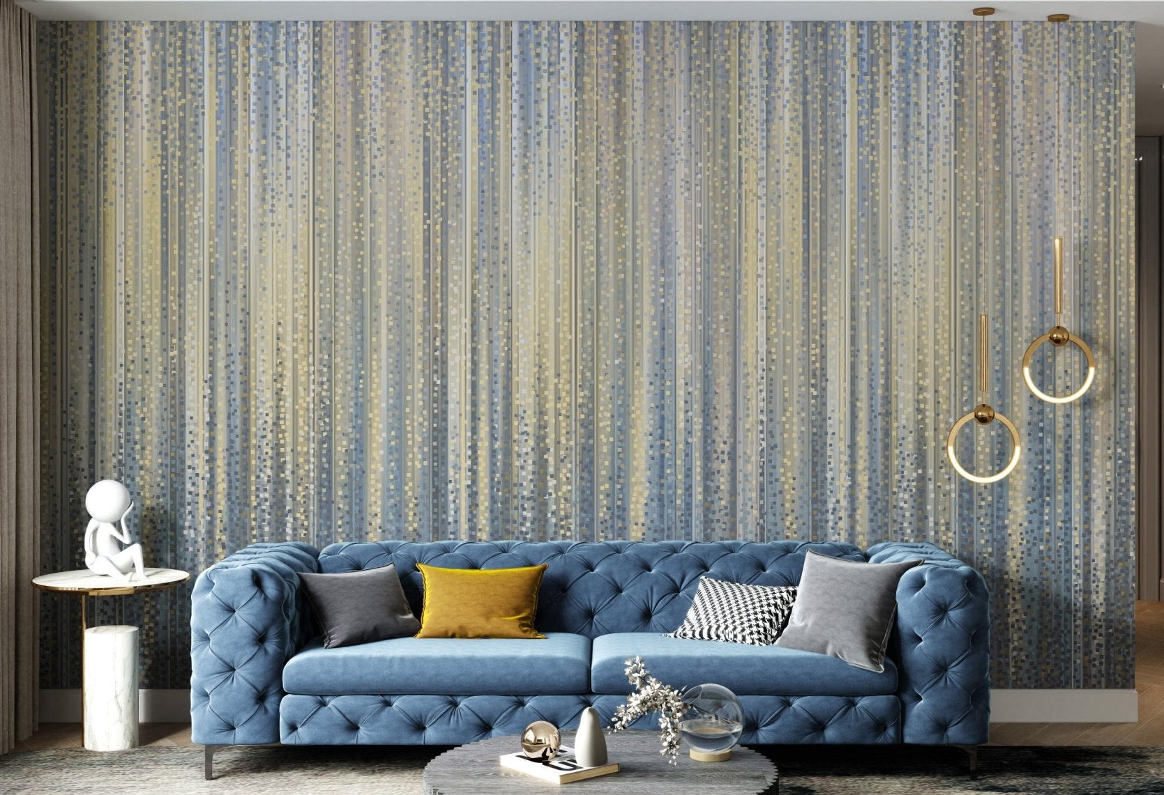 Vertical striped wall mural for hallways using gold and navy blue tones.