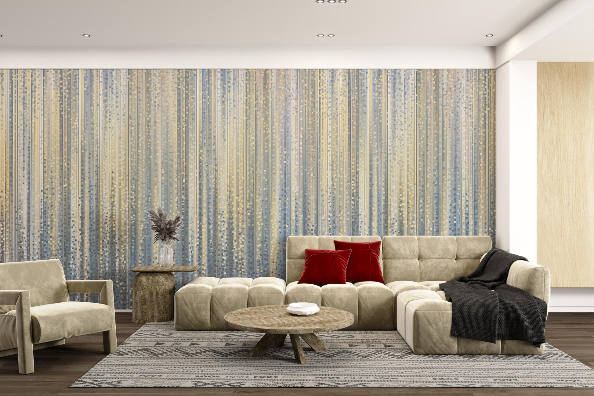 Vertical blue and gold stripes wall mural for a modern living room.