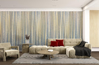Vertical blue and gold stripes wall mural for a modern living room.
