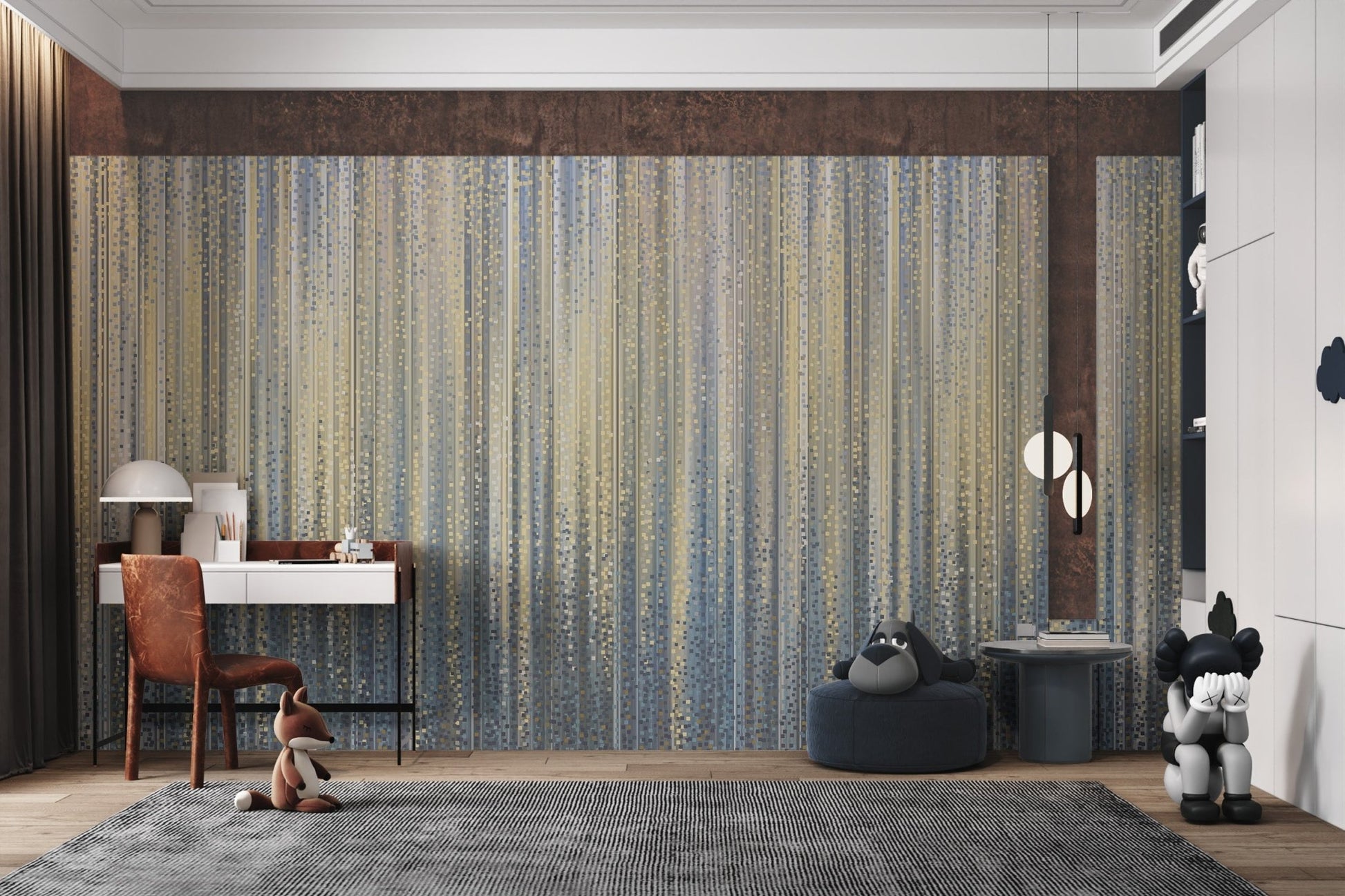 Abstract pixelated vertical line wall mural in metallic gold and deep blue.