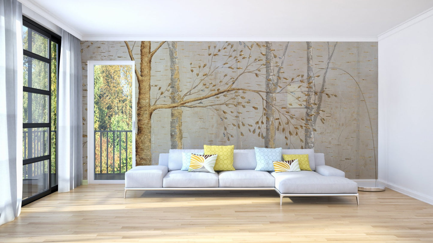 Gold Background Leaves mural for Elegant living room Walls