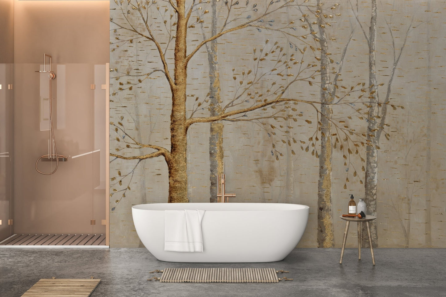 Bathroom wall mural featuring golden tree patterns behind a white oval bathtub.