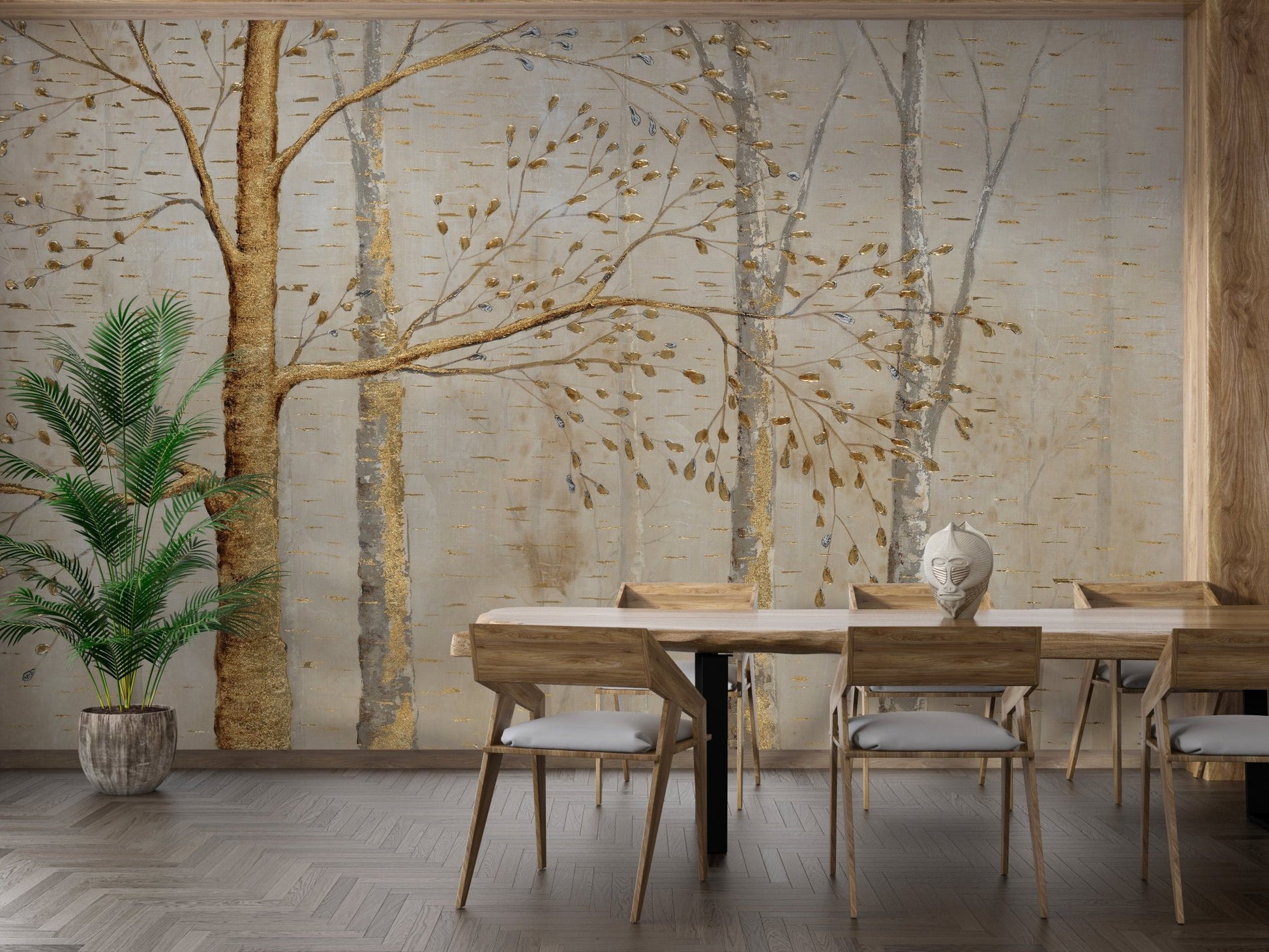 Metallic Gold Leaves Wall mural for Sophisticated dining room Decor