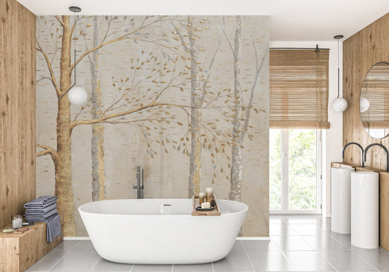 Stylish Gold Leaves Wall mural for modern bathroom.
