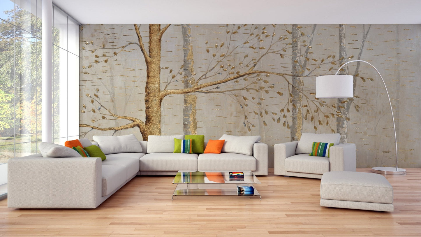 Elegant Gold Leaves Wall mural for Stylish living room Interiors