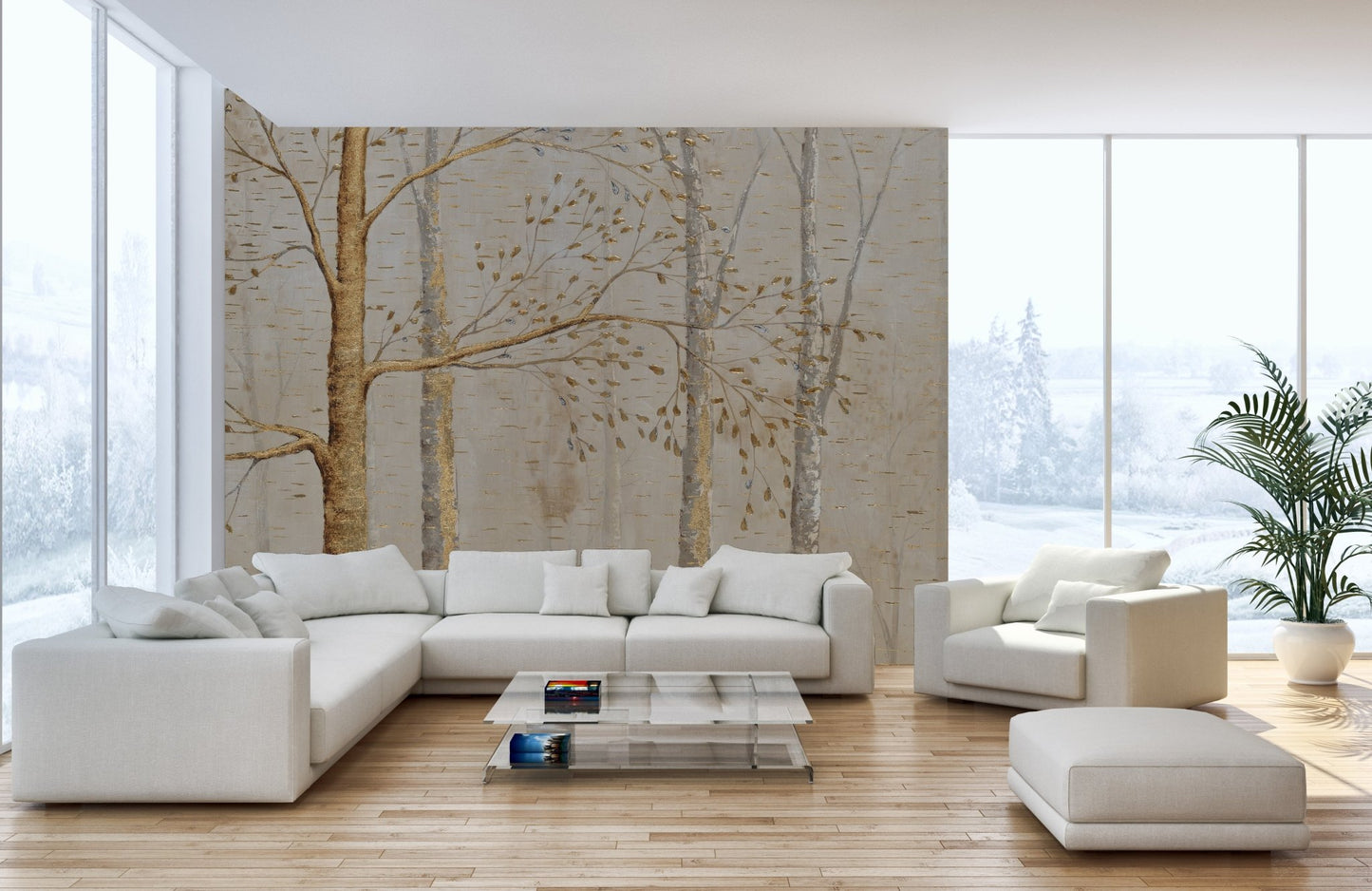Gold Leaves Wall mural with Luxurious Sitting area Background