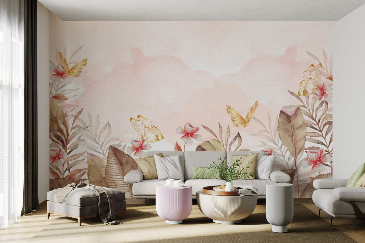 Contemporary floral wall mural with shimmering golden butterfly motifs.