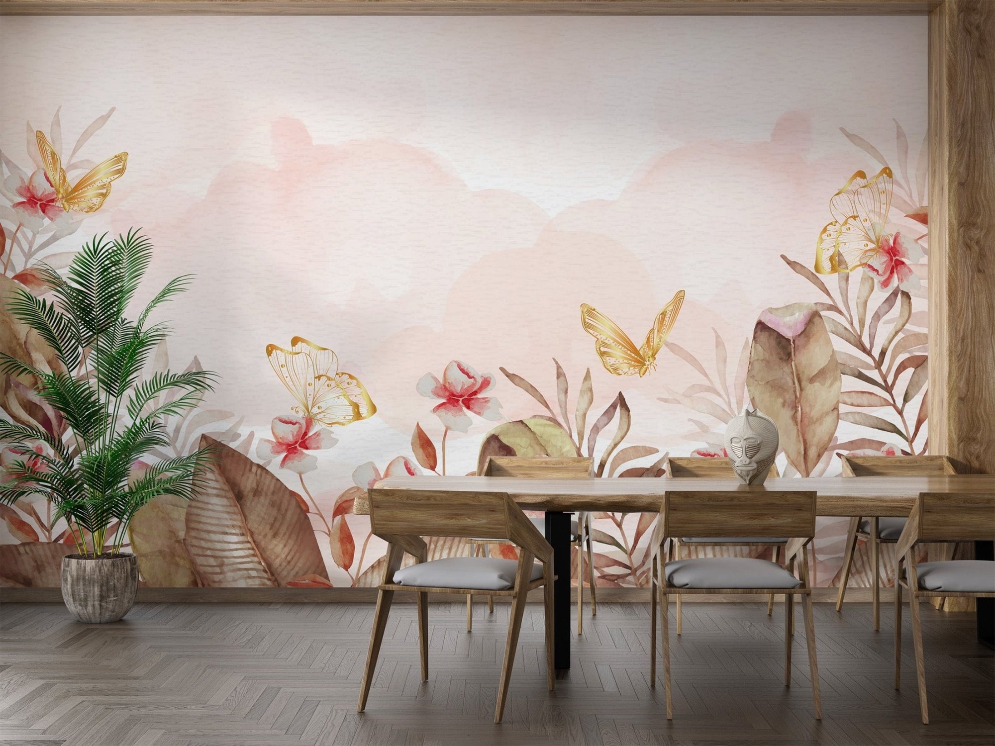 Gold butterfly watercolor floral wallpaper with peach blossoms and leaves.