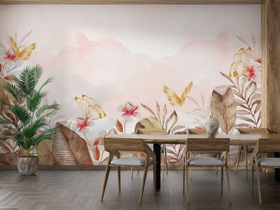 Gold butterfly watercolor floral wallpaper with peach blossoms and leaves.