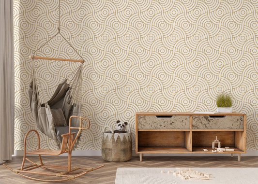 Gold Color Circle Abstract Wave Stripe Luxury Wallpaper in a room with a wooden cabinet.